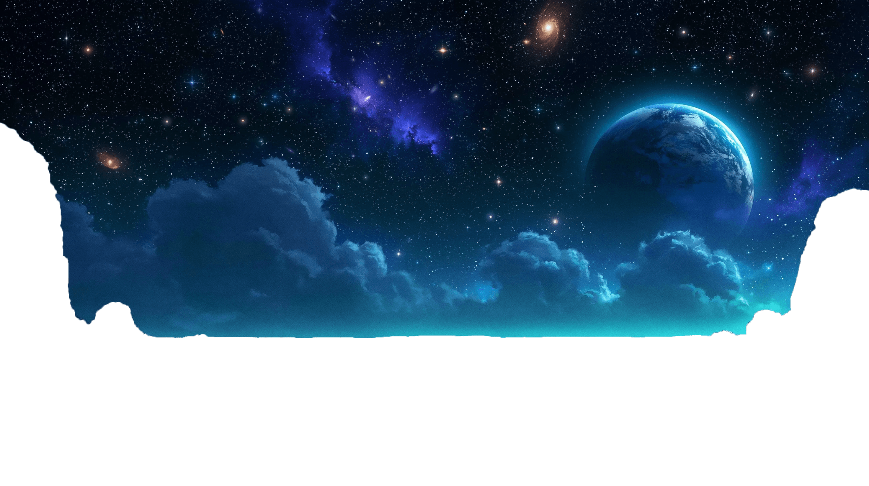 Star-filled cosmos with nebulae and planet Earth glowing cyan